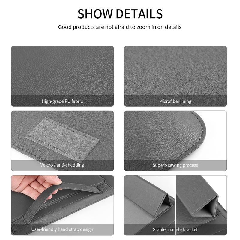 Universal 4-In-1 Laptop Bag Set Waterproof Pu Leather Handle Stand Pen Holder Winders Mouse & Charger Bags - 13 / 14 Inch - Grey 7