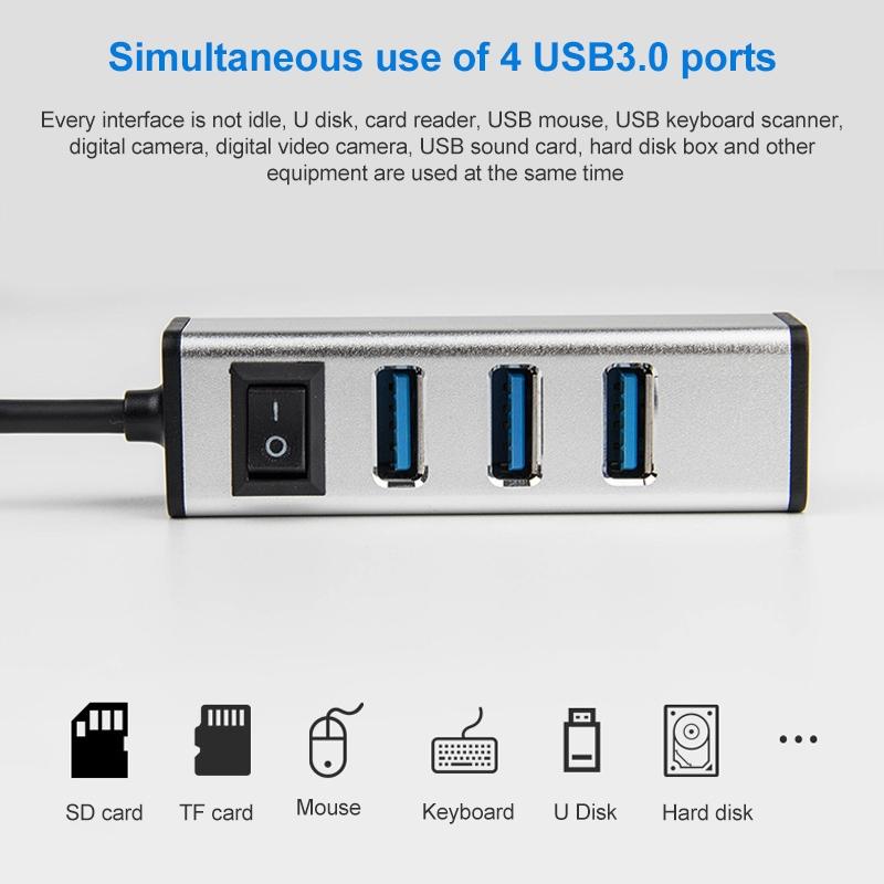 4-Port Aluminum Usb 3.0 Hub With Switch - Grey 4
