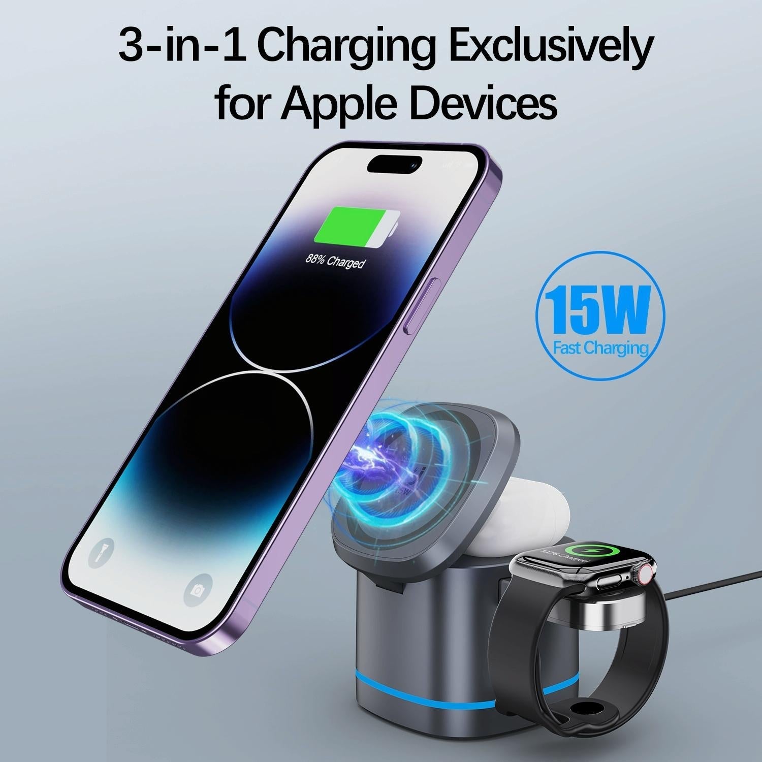 15W 3 In 1 Magnetic Wireless Charger - Grey 7