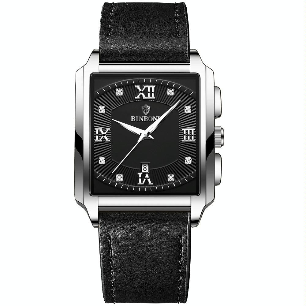 Waterproof Men Quartz Watch - Rectangular Outdoor Design - Black Leather-Full Gold-Black