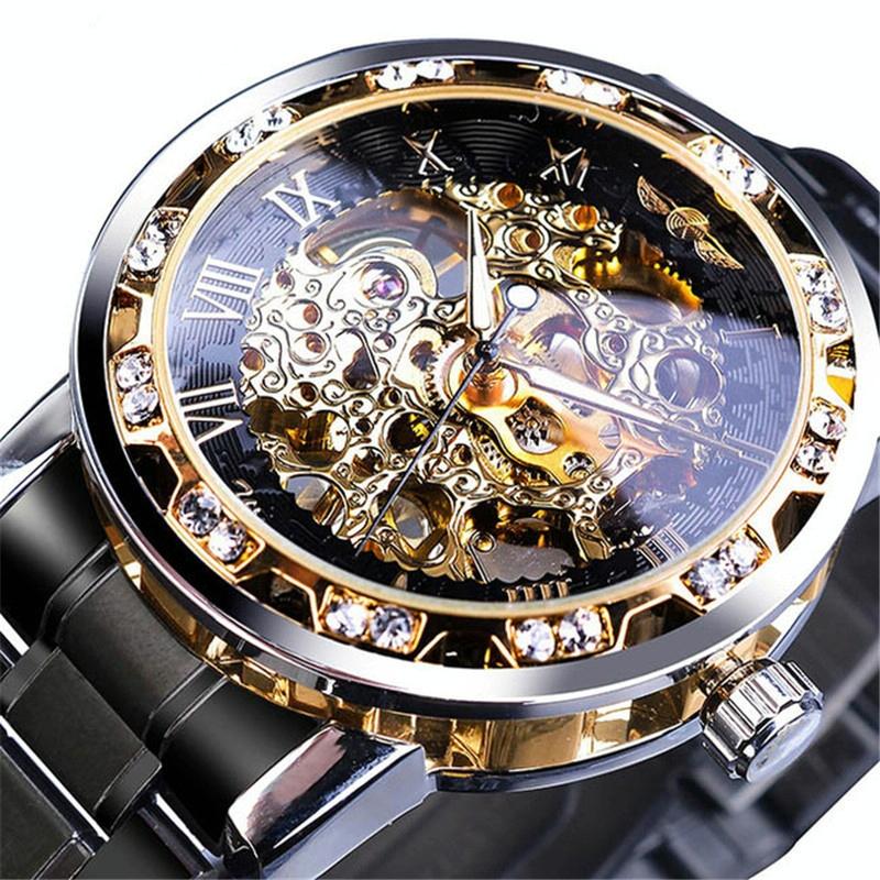 Men Skeleton Diamond Mechanical Watch - Luminous Pointer - Black Belt Black Shell Black Face