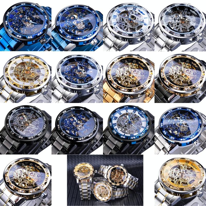 Men Skeleton Diamond Mechanical Watch - Luminous Pointer - Black Belt Black Shell Black Face