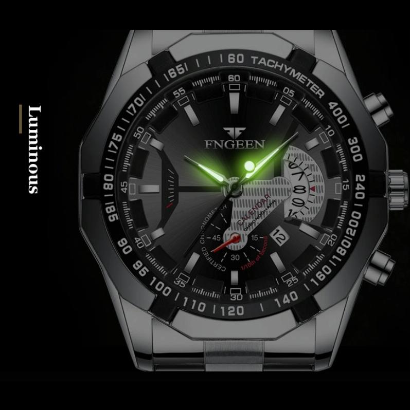 Waterproof Men Calendar Watch - Black Leather Black Steel Blue Surface 5