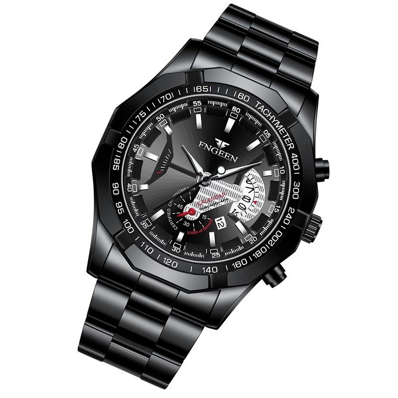 Waterproof Men Calendar Watch - Black Leather Black Steel Blue Surface 15