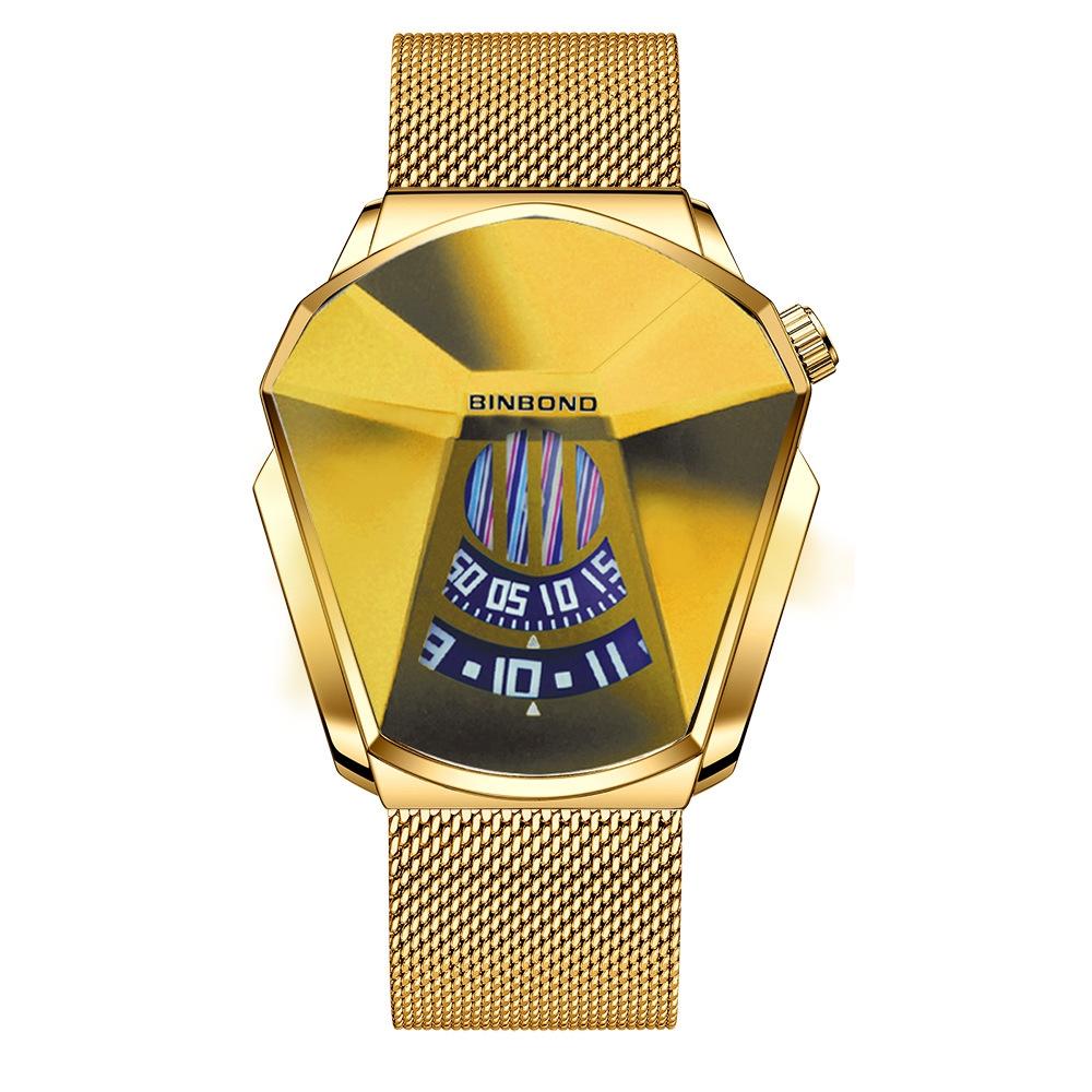 Men Diamond Dial Quartz Watch - Locomotive Concept - Gold Mash Full Gold Golden Surface
