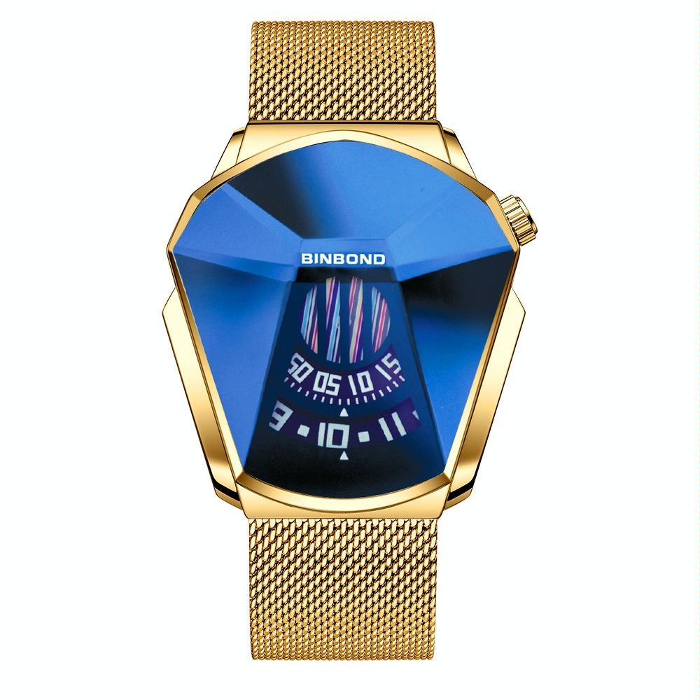 Men Diamond Dial Quartz Watch - Locomotive Concept - Gold Mash Full Gold Golden Surface 11