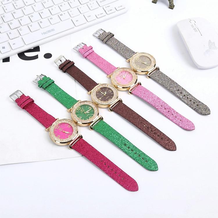 Gold Rhinestone Quartz Watch with Pu Leather Strap for Women - White 7