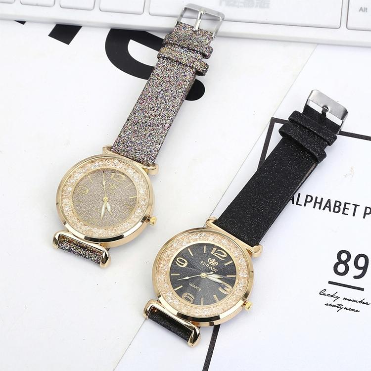 Gold Rhinestone Quartz Watch with Pu Leather Strap for Women - White 12