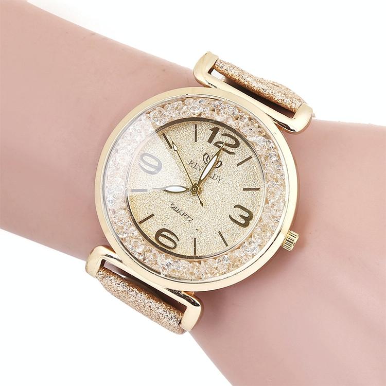 Gold Rhinestone Quartz Watch with Pu Leather Strap for Women - White 14
