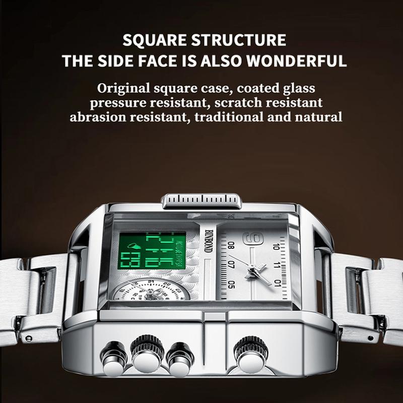 Waterproof Square Multifunctional Sports Quartz Watch - White Steel-White 5