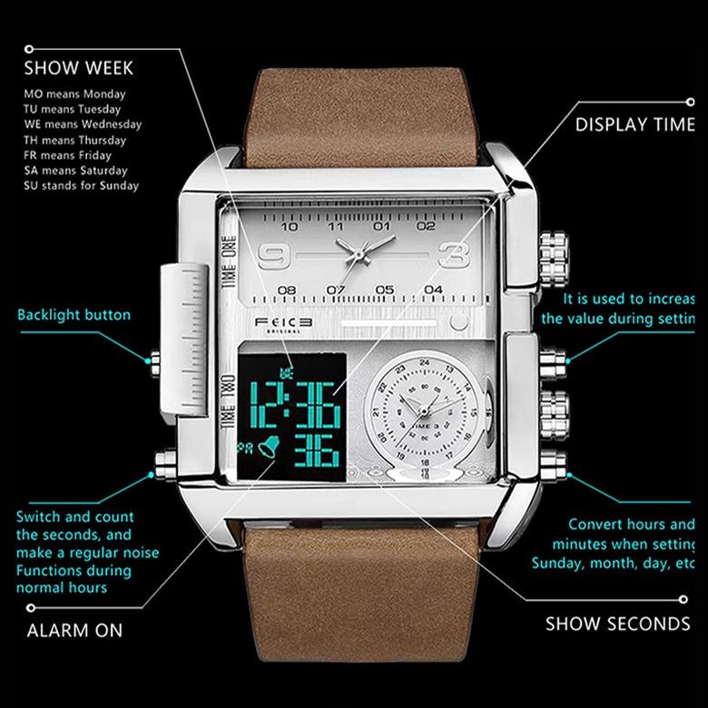 Waterproof Square Multifunctional Sports Quartz Watch - White Steel-White 7