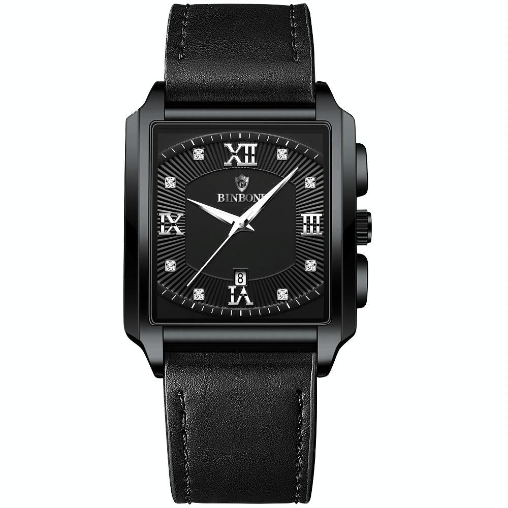 Waterproof Men Quartz Watch - Rectangular Outdoor Design - Black Leather-White Steel 8