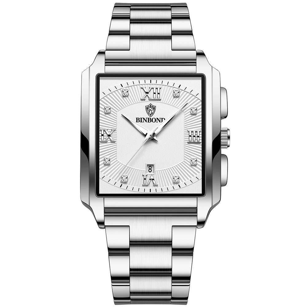 Waterproof Men Quartz Watch - Rectangular Outdoor Design - Black Leather-White Steel 9