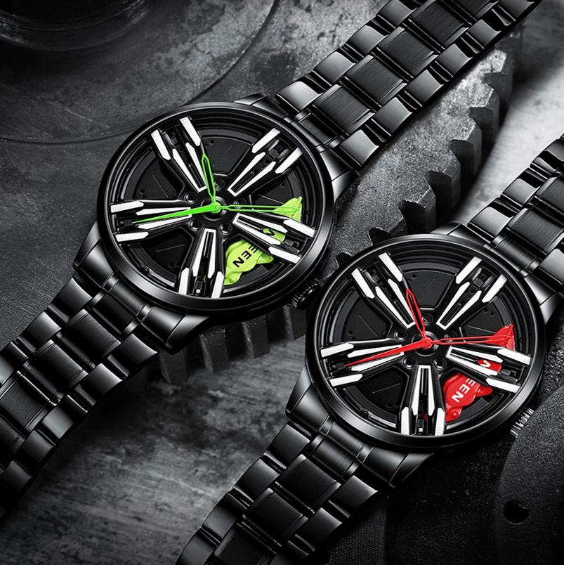 Men Metal Motorcycle Watch with Rotating Hub - Black Leather Black Steel Green Surface 5