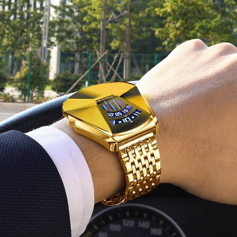 Men Diamond Dial Quartz Watch - Locomotive Concept - Gold Net Full Gold Blue Surface 7