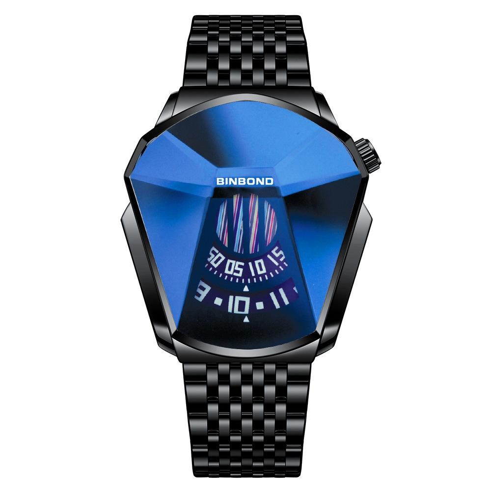 Men Diamond Dial Quartz Watch - Locomotive Concept - Gold Net Full Gold Blue Surface 8