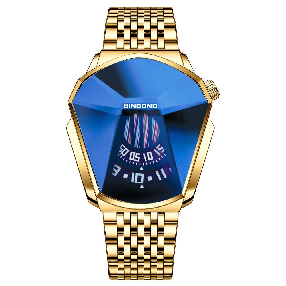 Men Diamond Dial Quartz Watch - Locomotive Concept - Gold Net Full Gold Blue Surface 9