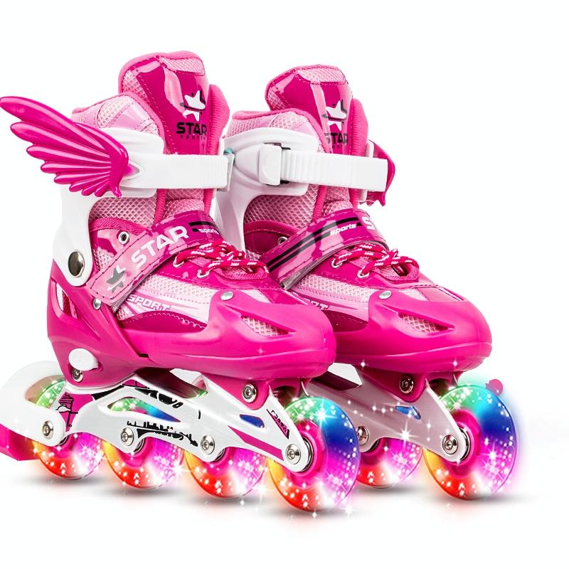Adjustable Kids Roller Skates Set - Full Flash Single Four-wheel - Size l - Gold 3