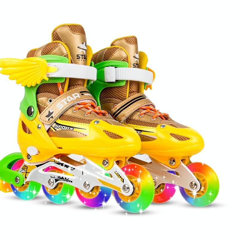 Adjustable Kids Roller Skates Set - Full Flash Single Four-wheel - Size l - Gold 10