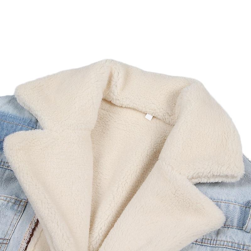 Plush Thick Denim Stitching Lamb Fur Lapel Cotton Jacket - Blue Xxl 7