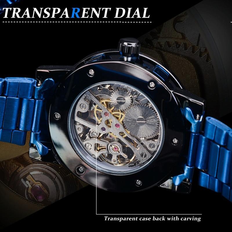 Men Skeleton Diamond Mechanical Watch - Luminous Pointer - Black Belt White Face Blue Word 4