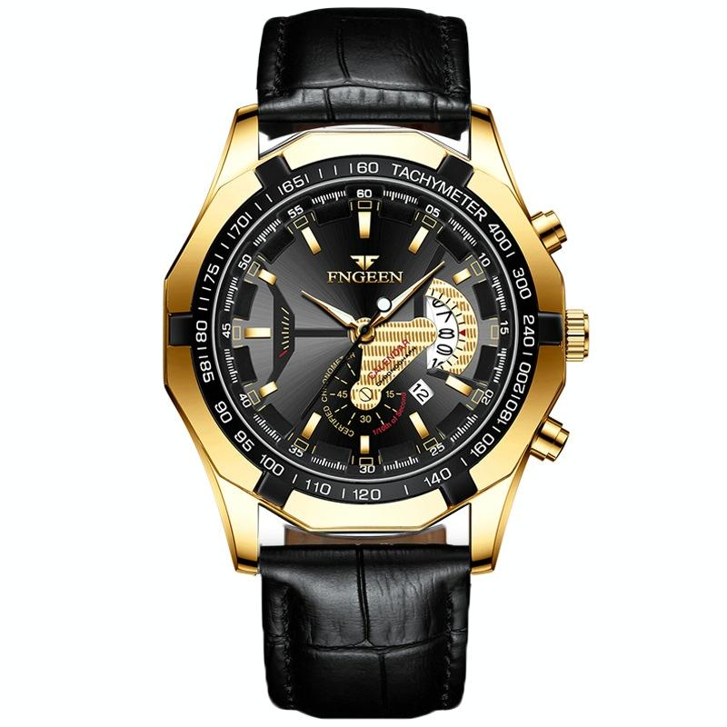 Waterproof Men Calendar Watch - Black Leather Full Gold Black Surface