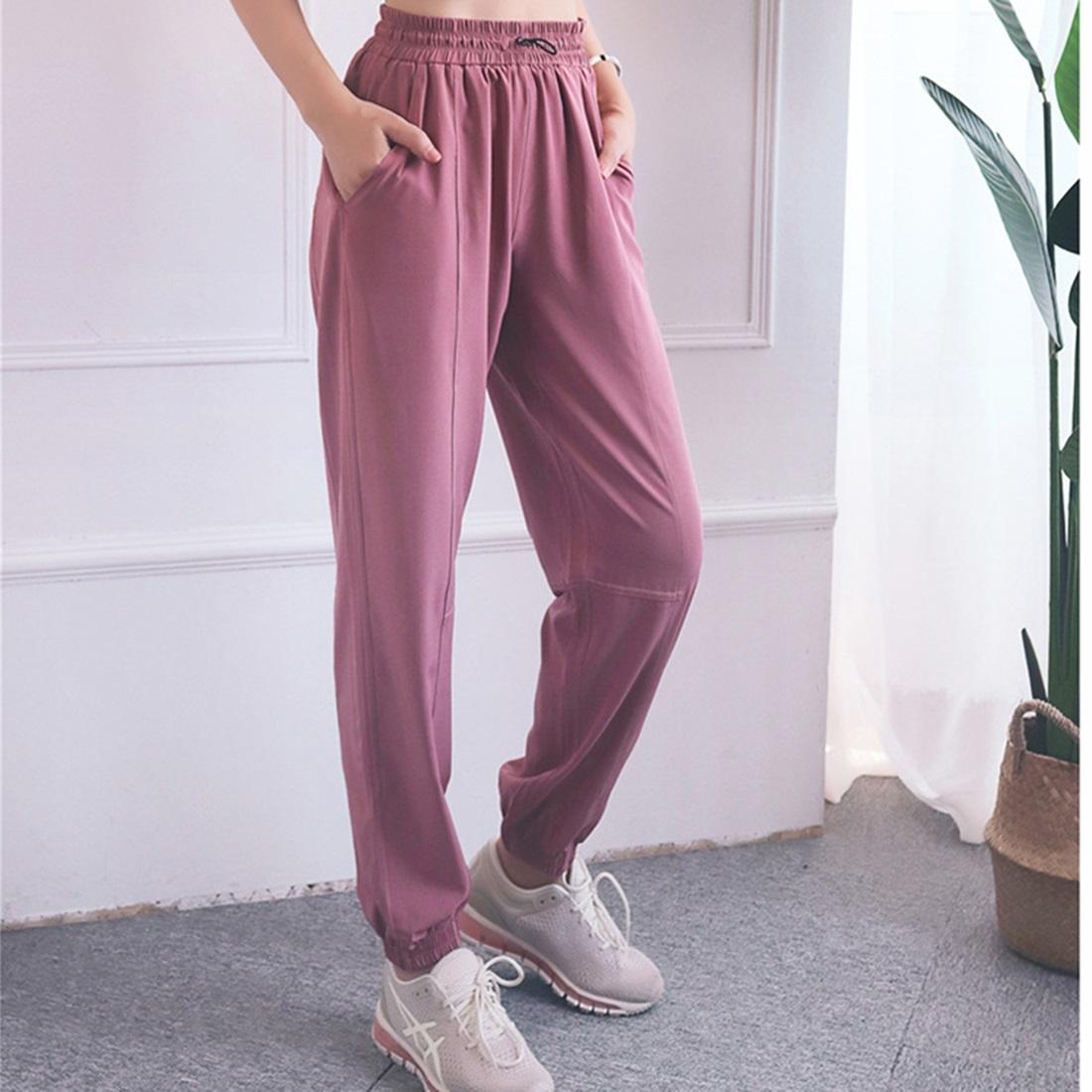 High Waist Drawstring Fitness Pants Black Size L - Quicksand Powder L