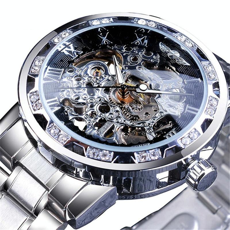 Men Skeleton Diamond Mechanical Watch - Luminous Pointer - Silver Belt Blue Circle Blue Face