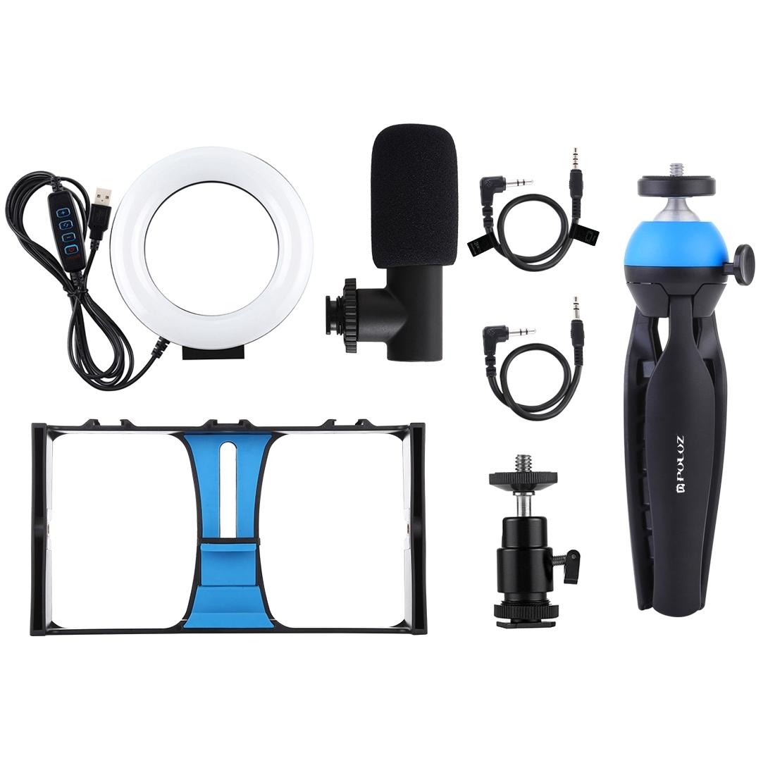 Vlogging Live Broadcast Smartphone Video Rig With Led Selfie Light Microphone Tripod Mount And Cold Shoe Head - Blue - Pkt3025L 4
