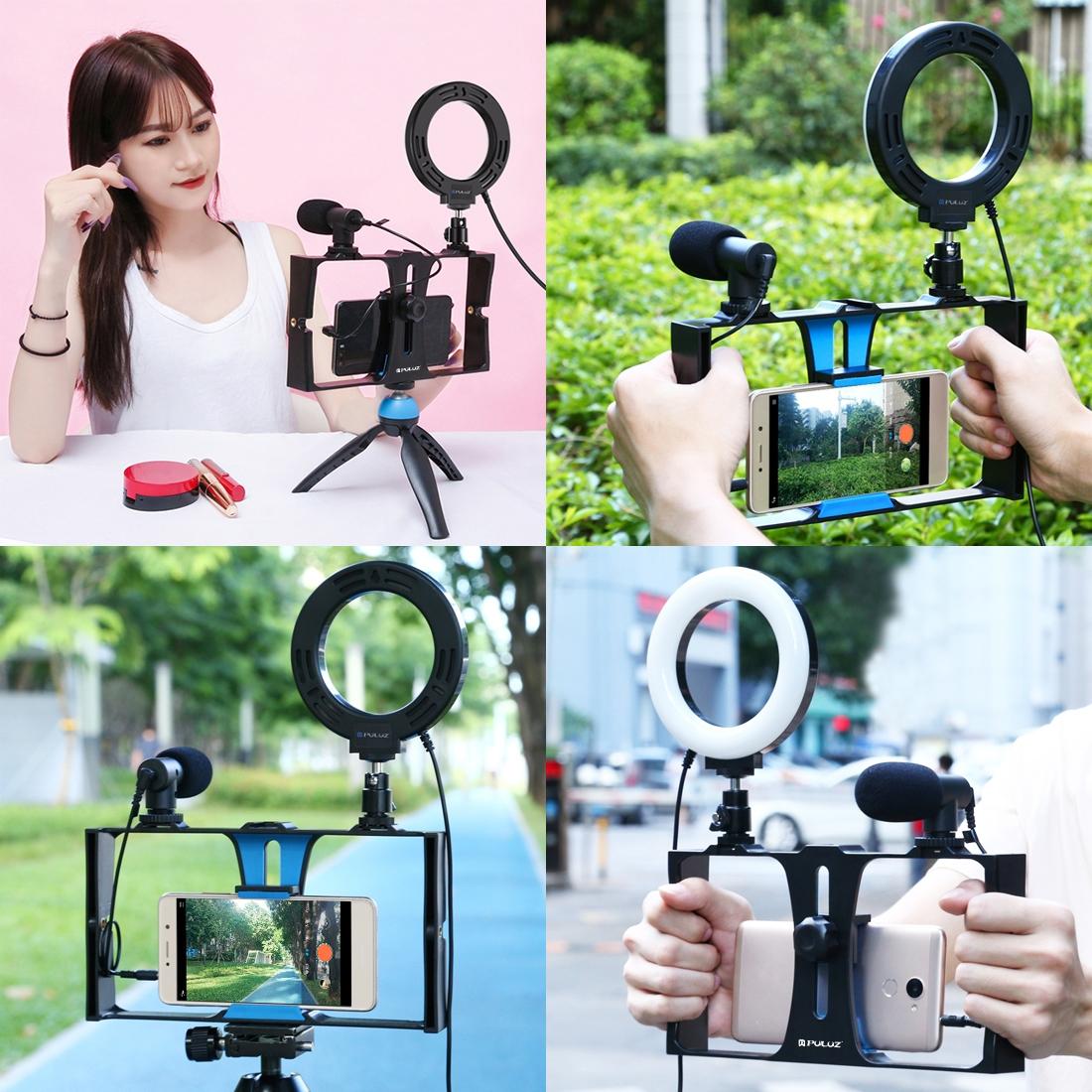 Vlogging Live Broadcast Smartphone Video Rig With Led Selfie Light Microphone Tripod Mount And Cold Shoe Head - Blue - Pkt3025L 5