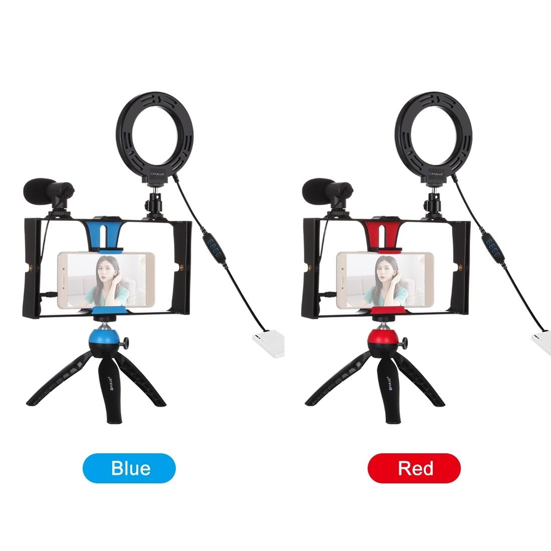 Vlogging Live Broadcast Smartphone Video Rig With Led Selfie Light Microphone Tripod Mount And Cold Shoe Head - Blue - Pkt3025L 7