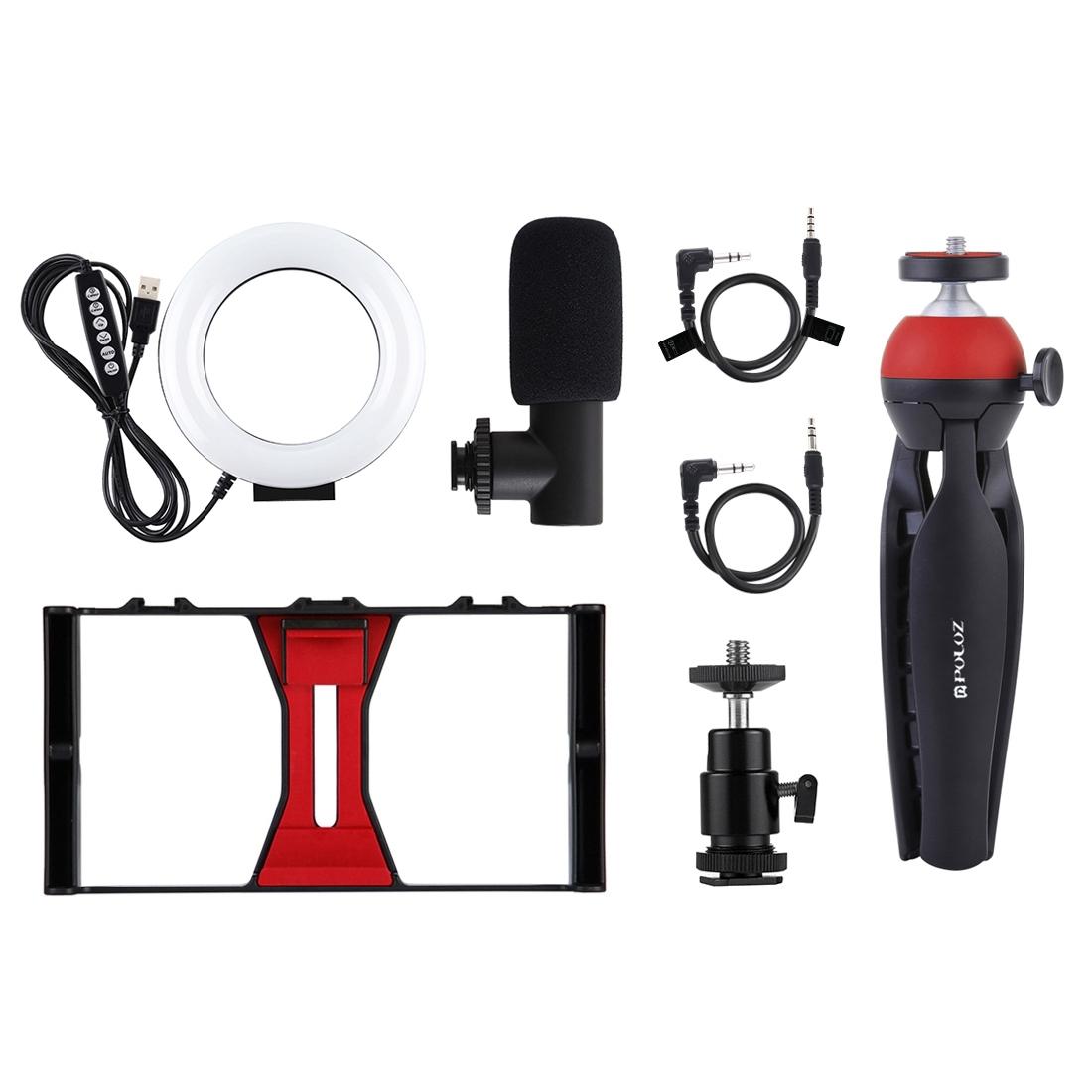 Vlogging Live Broadcast Smartphone Video Rig With 4.7 Inch Rgbw Ring Led Selfie Light Microphone And Pocket Tripod Mount Kit - Blue 4