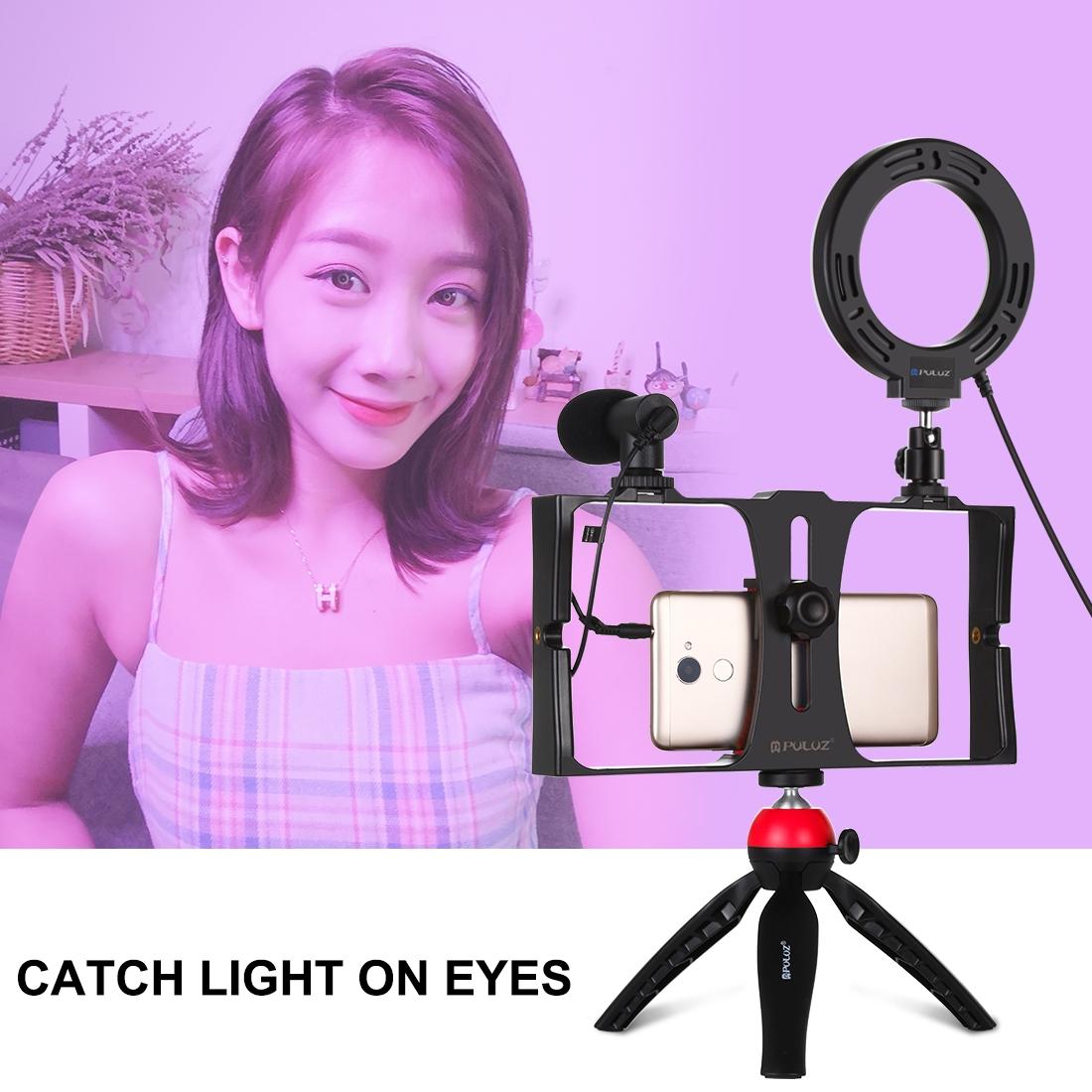 Vlogging Live Broadcast Smartphone Video Rig With 4.7 Inch Rgbw Ring Led Selfie Light Microphone And Pocket Tripod Mount Kit - Blue 5