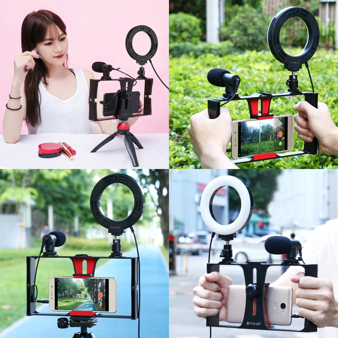 Vlogging Live Broadcast Smartphone Video Rig With 4.7 Inch Ring Led Selfie Light Kit And Cold Shoe Tripod Head - Blue 4