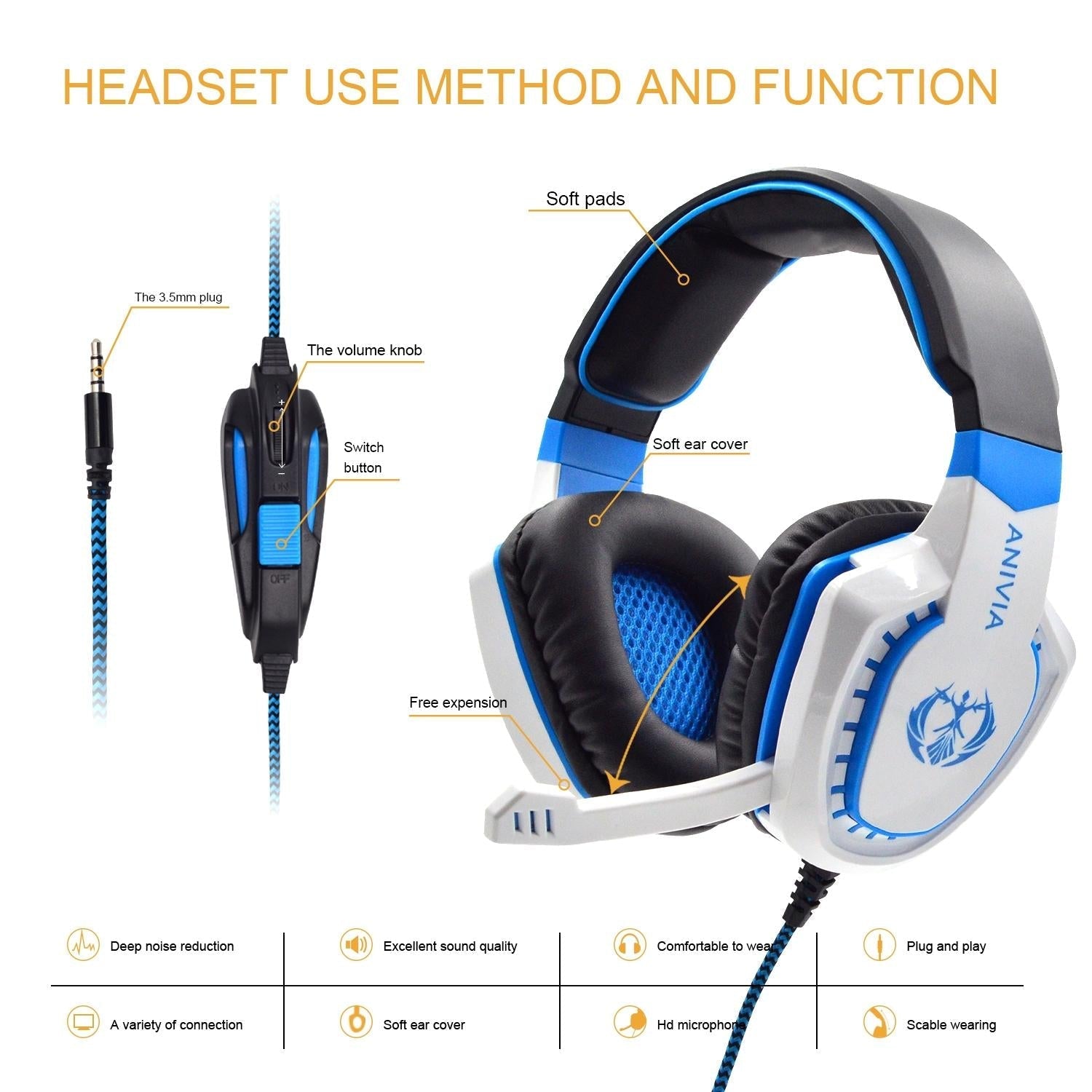 3.5Mm Noise-Canceling Gaming Headset With Retractable Mic 2M Cable - Black Blue 5