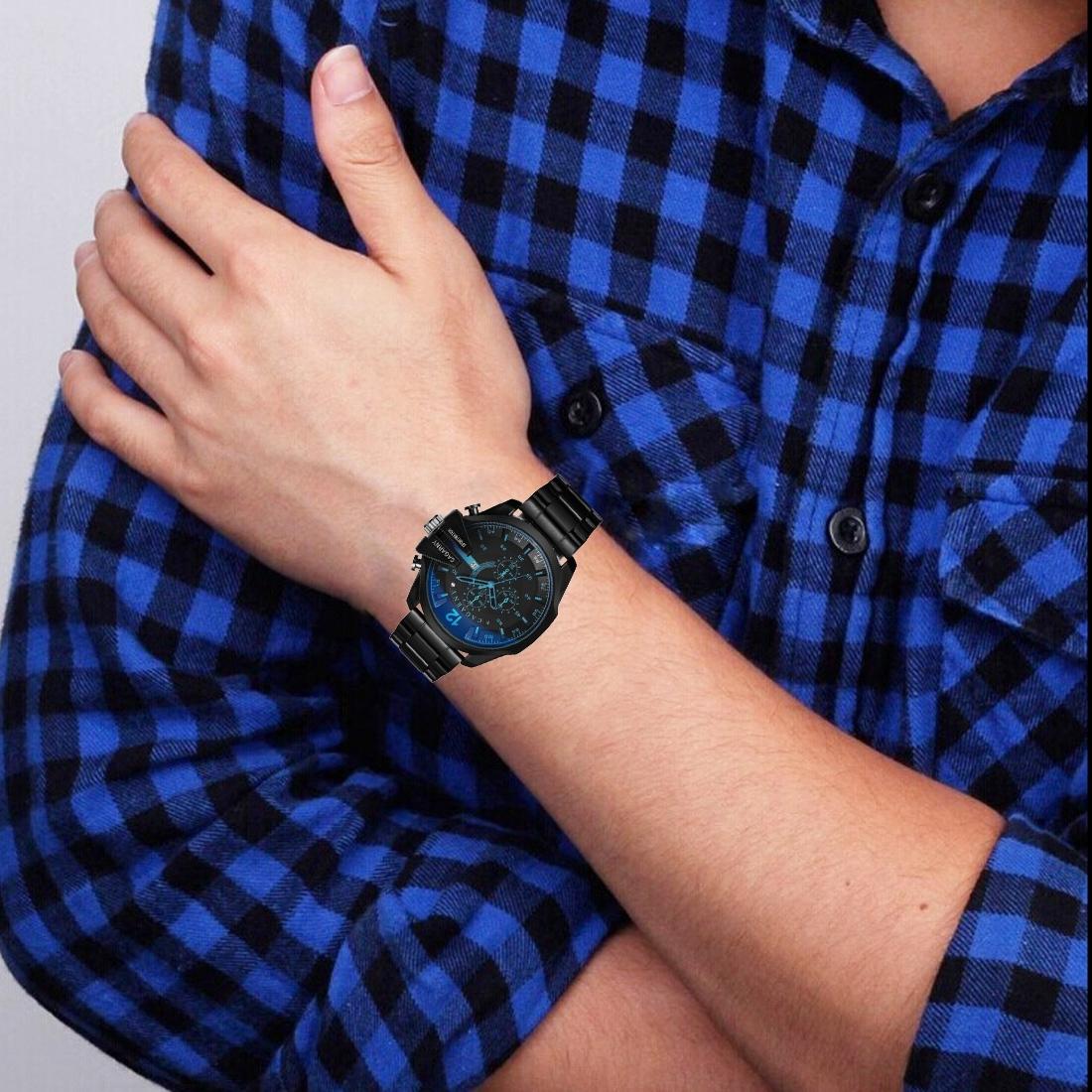 Men Stainless Steel Sports Watch with Large Dial - Black & Blue 4