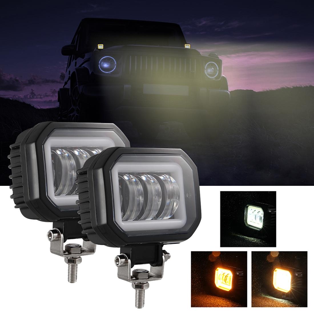 2 Pcs Car 4 Inch Square Spotlight Work Light With Angel Eyes Yellow Light 3