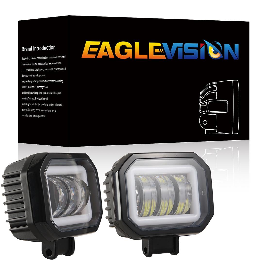 2 Pcs Car 4 Inch Square Spotlight Work Light With Angel Eyes Yellow Light 4