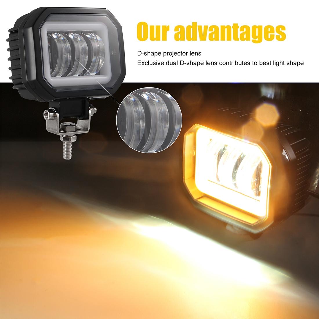 2 Pcs Car 4 Inch Square Spotlight Work Light With Angel Eyes Yellow Light 9