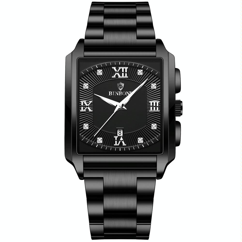Waterproof Men Quartz Watch - Rectangular Outdoor Design - Black Leather-Black Steel-Gold 10
