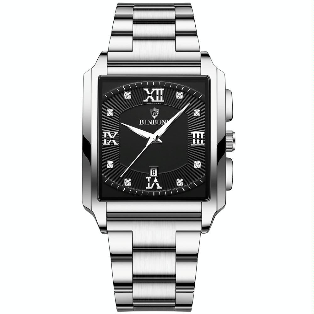 Waterproof Men Quartz Watch - Rectangular Outdoor Design - Black Leather-Black Steel-Gold 13
