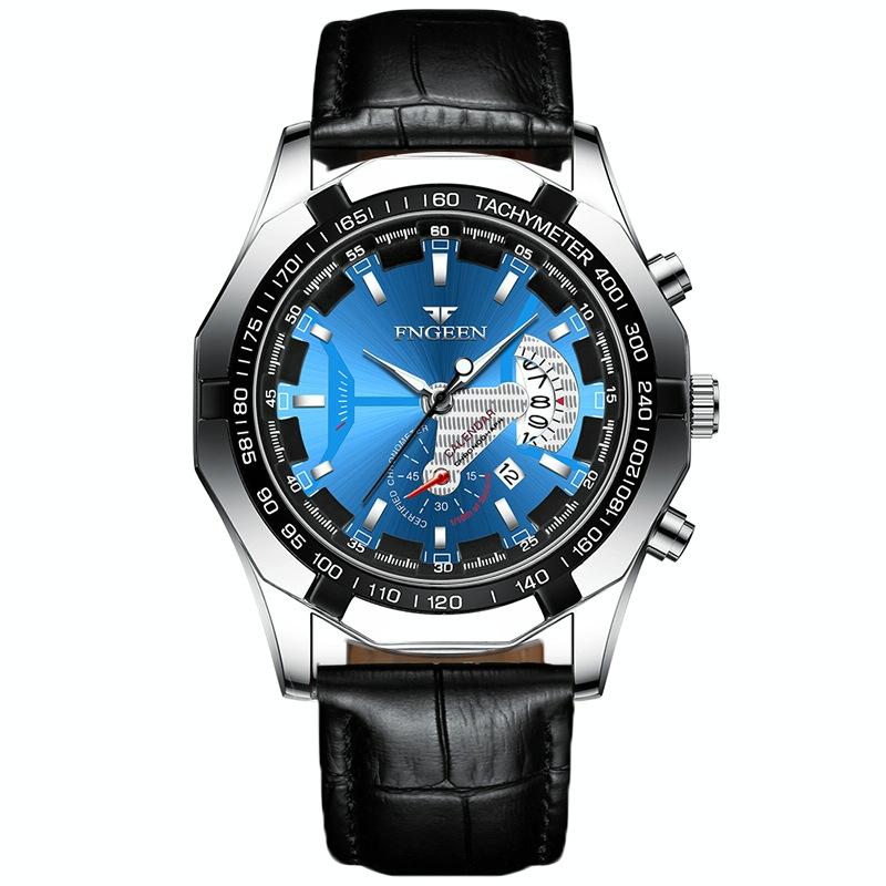 Waterproof Men Calendar Watch - Black Leather White Steel Black Surface