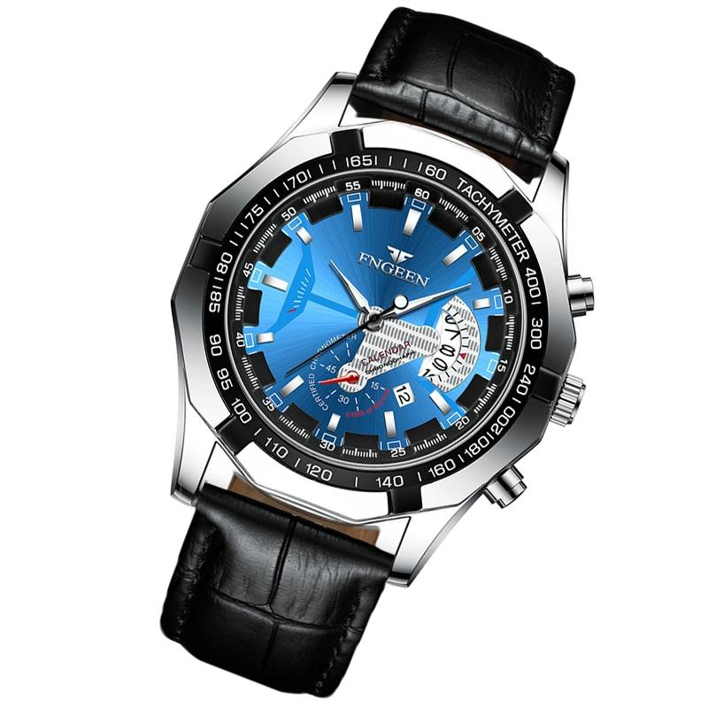Waterproof Men Calendar Watch - Black Leather White Steel Black Surface 3
