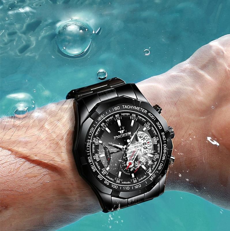 Waterproof Men Calendar Watch - Black Leather White Steel Black Surface 6