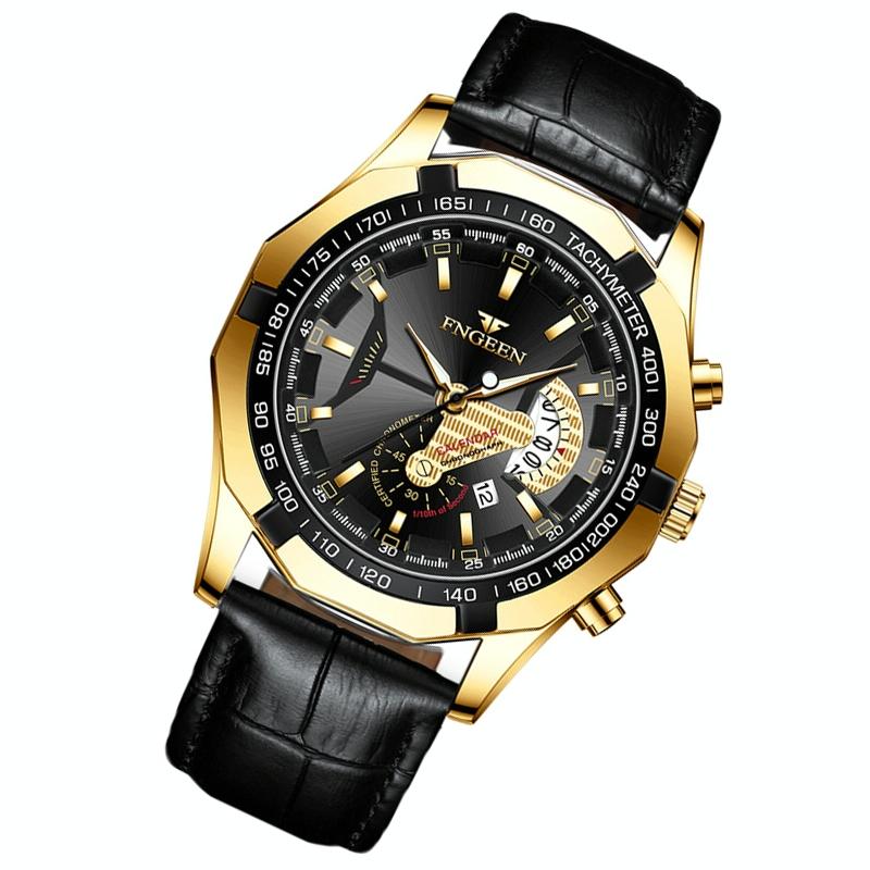Waterproof Men Calendar Watch - Black Leather White Steel Black Surface 11