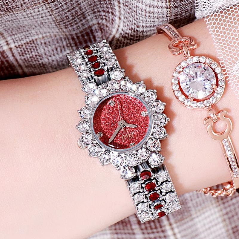 Women Quartz Bracelet Watch with Diamond Accents - Silver Shell Red Plate 10