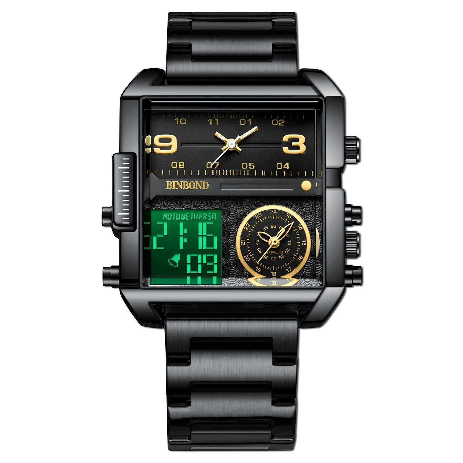 Waterproof Square Multifunctional Sports Quartz Watch - Black Steel-Black-White 13