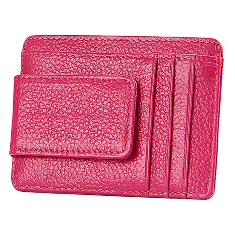 Leather Rfid Blocking Card Holder Wallet with 3 Slots and Pocket - Magenta 5