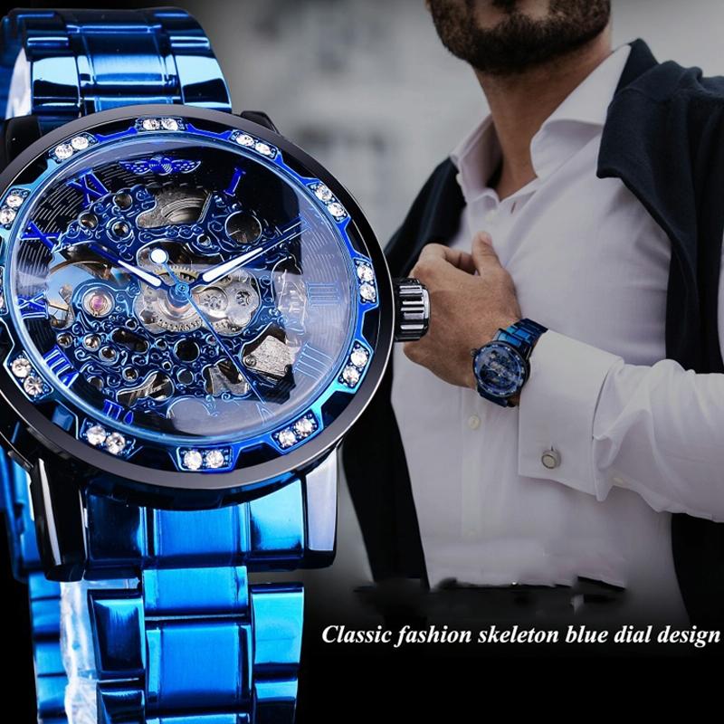 Men Skeleton Diamond Mechanical Watch - Luminous Pointer - Silver Belt Silver Shell Gold Face 7