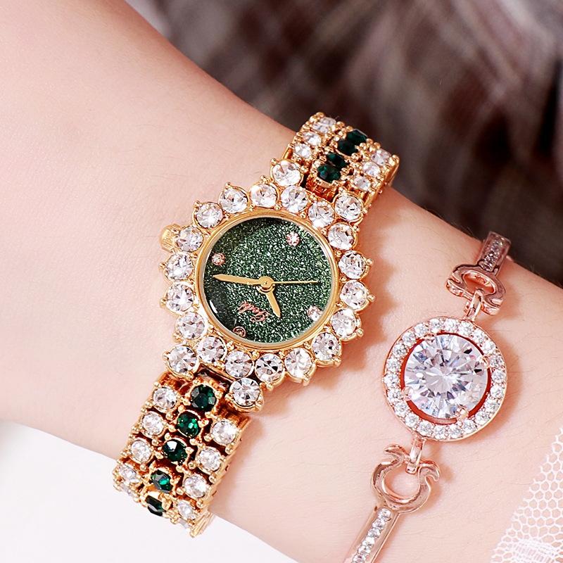 Women Quartz Bracelet Watch with Diamond Accents - Silver Shell Green Plate 14